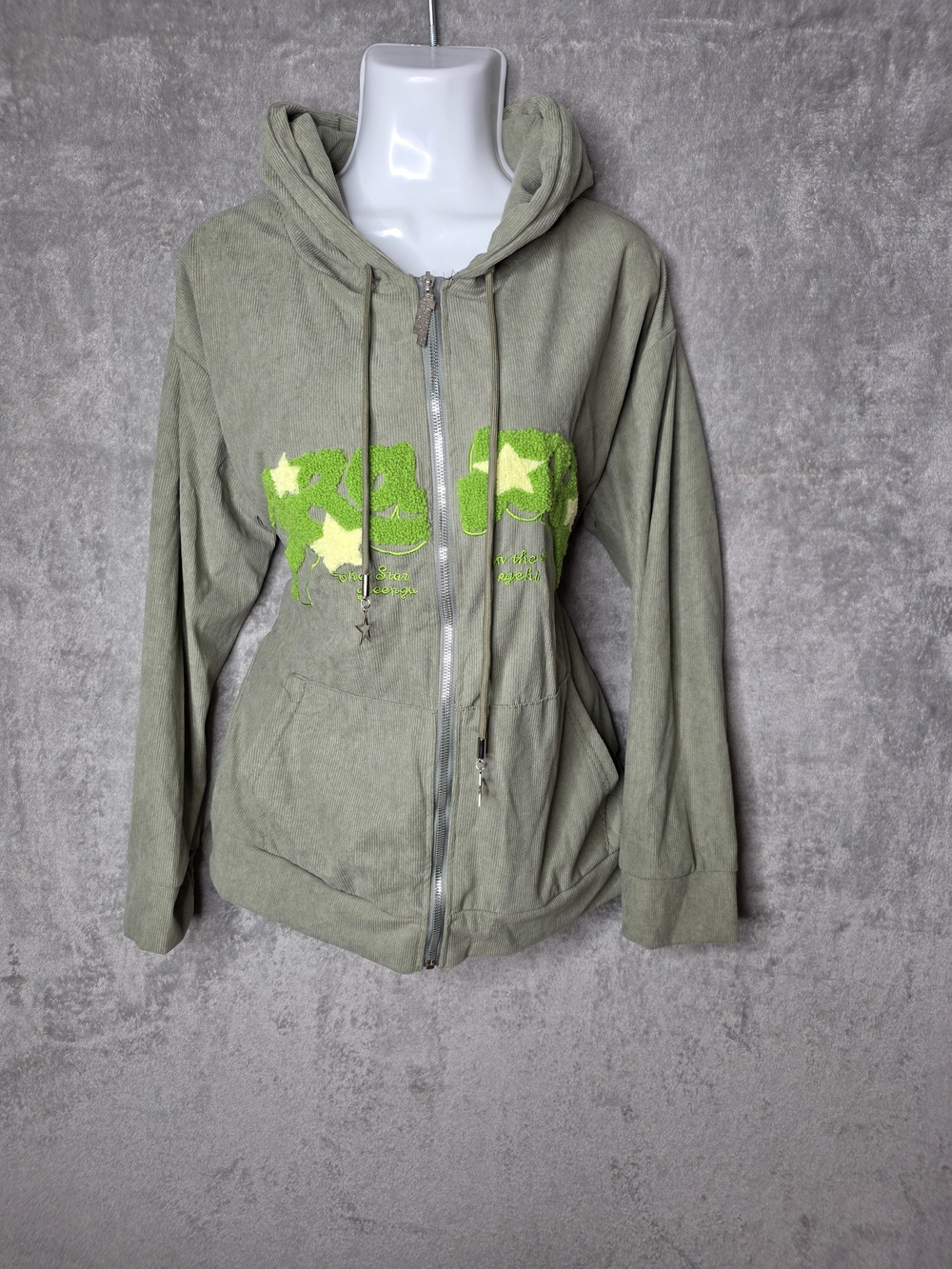 Y2K Olive Green Corduroy Zip-Up Hoodie Rhinestone Star Embellished Women’s
